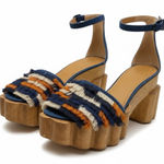 Tory Burch EUC Alma Wooden Platform Navy Orange Ivory Fringe Heels Shoes 10 M Photo 0