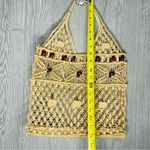 Vintage 70s macrame wood beaded market bag purse beach bag rope floral Brown Photo 3