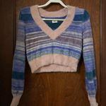 Sunday Best Striped V Neck Kitten Cropped Sweater Size S Purple Photo 0