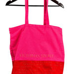 Victoria's Secret  Pink Red Tote Bag Canvas Beach Travel Shopping Metallic Logo Photo 0