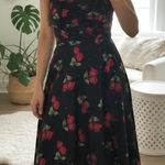 Vintage 90s Stop Staring! Rose Ruched Fit & Flare Strapless Midi Dress Black Size L Photo 0