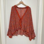 Free People | Red Orange Lola Bell Sleeve Floral Crochet Trim Tassel Kimono, S Photo 2