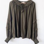 Ramy Brook Merry Ruffle Smocked Split Tie Neck Blouse Top in Olive Green Photo 6