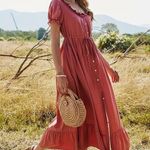 Boutique Rust Red Button Front Short Sleeve Ruffled Midi Dress Photo 0