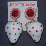 Betsey Johnson New  White Strawberries Red Rhinestones Gold ToneDrop Earrings $48 Photo 0