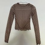12th Tribe Checkerboard Mesh Top Women’s Size S Brown Tan Long Sleeve Photo 1