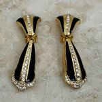Christian Dior Gold Plated Black Enamel Crystal Clip On Earrings Vintage Signed Photo 9