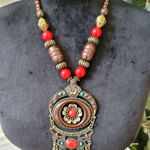 Women's Bohemian Antique Brass Statement Necklace With Lobster Clasp Red Beads Photo 0