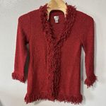 Chico's Size 1/Large Red Wool Blend Fringe Cardigan Sweater Textured Holiday Photo 1