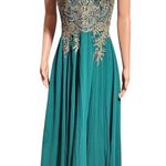 Chica teal green gold embroidery spaghetti straps lace up maxi dress XL Photo 0