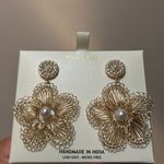 Pink Linen Bohemian Floral Studded Gold Tone Drop Earrings With Pearl Detail NEW Tan Photo 4