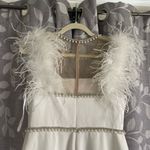 Mac Duggal White Feather Cap Sleeve Pearl Embellished Tea-length Fit Dress Photo 7