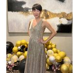 ADDISON EVENING Gold Gown Glitter Metallic Dress Sleeveless V Photo 13