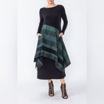 IC Collection XS Boat Neck Asymmetrical Layer Mix Dress Hunter Green Long Sleeve Black Photo 3