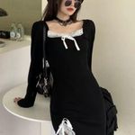 Square neck lace trim bow detail mini dress Black Size XXS Photo 0