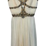 NWT Mandalay White Silk Gold Gray Beaded Cutout Midi Evening Gown Dress Womens 2 Photo 0