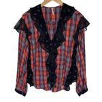 Free People Women’s Red Plaid Ruffle Front Mixed Media Boho Top small Photo 1