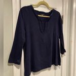 Laura Scott  Size LP Navy Blue 3/4 Sleeve V Neck Top Satib Embroidered Trim Photo 2