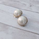 Vintage Clip On Earrings Just Under 7/8" Domed Faux Pearl with Halo Gold Photo 2
