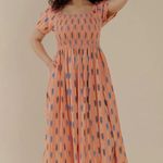 NEW Mata Traders Teddy Peach Ikat Smocked Cotton Midi Dress Size M Fair Trade Orange Size M Photo 0