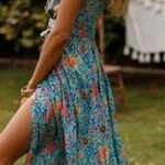 Boutique Short Sleeve Boho Floral Mixed Print Maxi Wrap Dress Boho Blue Small Ru Photo 1