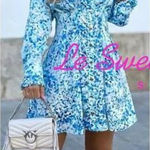 ZARA NEW PRINTED SHIRT DRESS BLUE V NECK RUFFLES LONG SLEEVE WOMENS SIZE S Photo 0