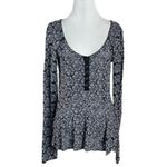 Free People Vintage  Dainty Floral Eyelet Lace Peplum Henley Top Black Medium Photo 3