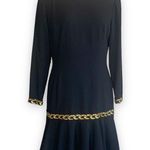 Vintage 80s Black Drop Waist Dress Gold Chain Trim Long Sleeve Crewneck Medium Photo 1