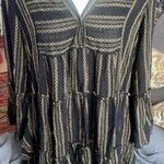 Elan Long-slv Boho Peasant Short Black And Gold Dress, Sz S Photo 0