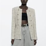 ZARA  New Women Luxury Ecru Black Fitted Textured Round Collar Blazer Size L Photo 10