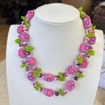 1960's style lucite Purple & Pink Floral Beaded Necklace With Green Leaf Accent Photo 0