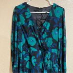 Badgley Mischka  Blue Floral Printed Wrap Draped Dress Photo 3