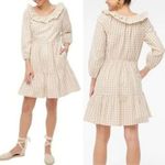 J.Crew  Seersucker Ruffle Neck Mini Dress Size 6 Side Zip Cotton Tan/White Plaid Photo 1