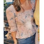 Saylor Pink Floral Clover Smocked Bodice Square Neck Peplum Blouse Photo 2