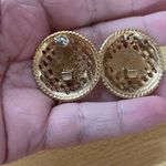 Unique Vintage Vintage Gold Tone Statement Basket Design Pearl Earrings Photo 2