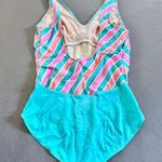 Vintage 70s Avon Fashion Striped One Piece Swimsuit Vtg Swimwear XS/Small Green Photo 3