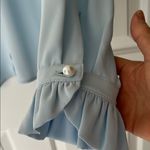 Talbots Blue Long Sleeve Ruffled Blouse with Mandarin Collar and Pearl Accents Photo 4