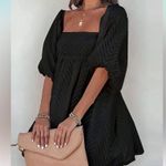 NEW Square Neckline Textured Puff Sleeve Chiffon Mini Dress M Black Size M Photo 2
