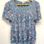 Lucky Brand Blue with Pink & White Flowers Smocked Yoke Boho Flutter Sleeve Top Photo 0