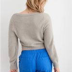 Aerie Fuzzy Cropped Cardigan Stone Deep V-Neck Button Front Small Soft #2926 Photo 2