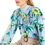 INC New Floral Print Ruffle Overlay Tie Neck Long Sleeve Blouse Blue Yellow Photo 1