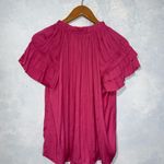Catherine Malandrino Hot Pink Silky Satin Short Ruffle Sleeve Tie Neck Blouse L Photo 4