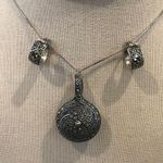 JACK JUDITH Sterling Silver Onyx Marcasite Reversible Pendant & Huggies Earrings Photo 4