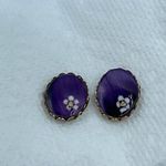 Vintage purple oval earrings with floral design. Purple Photo 1