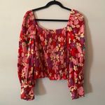Free People  Red Pink Floral Ariana Smocked Puff Sleeve Long Sleeve Blouse Medium Photo 1