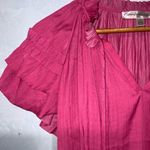 Catherine Malandrino Hot Pink Silky Satin Short Ruffle Sleeve Tie Neck Blouse L Photo 2