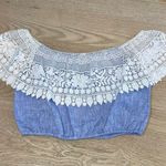 Miguelina Dakota Chambray Lace Crochet Off The Shoulder Crop Top Blue Size Small Photo 0