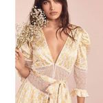 For Love & Lemons Floral Tiered Sheer Lace Mini Slip Dress Butter Yellow Large Photo 3