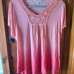 Christopher & Banks Peach Crochet Neckline V Neck Short Sleeve Top Photo 0