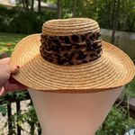 Cappelli Straworld 100% Straw Sun Hat Leopard cloth bow tie one size EUC Brown Photo 2